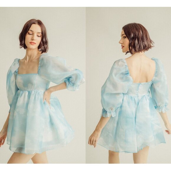 For Love Bell Tie Dye Square Neck Puff Sleeve Babydoll Mini Dress 35770 - Picture 1 of 12